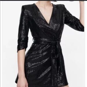 Zara Shiny Black Wrap Dress (NWT) Sz XS